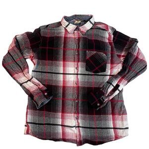 Rustic Blue Button Up Top Womens XL Red Gray Plaid Cotton Knit Basic Casual Top